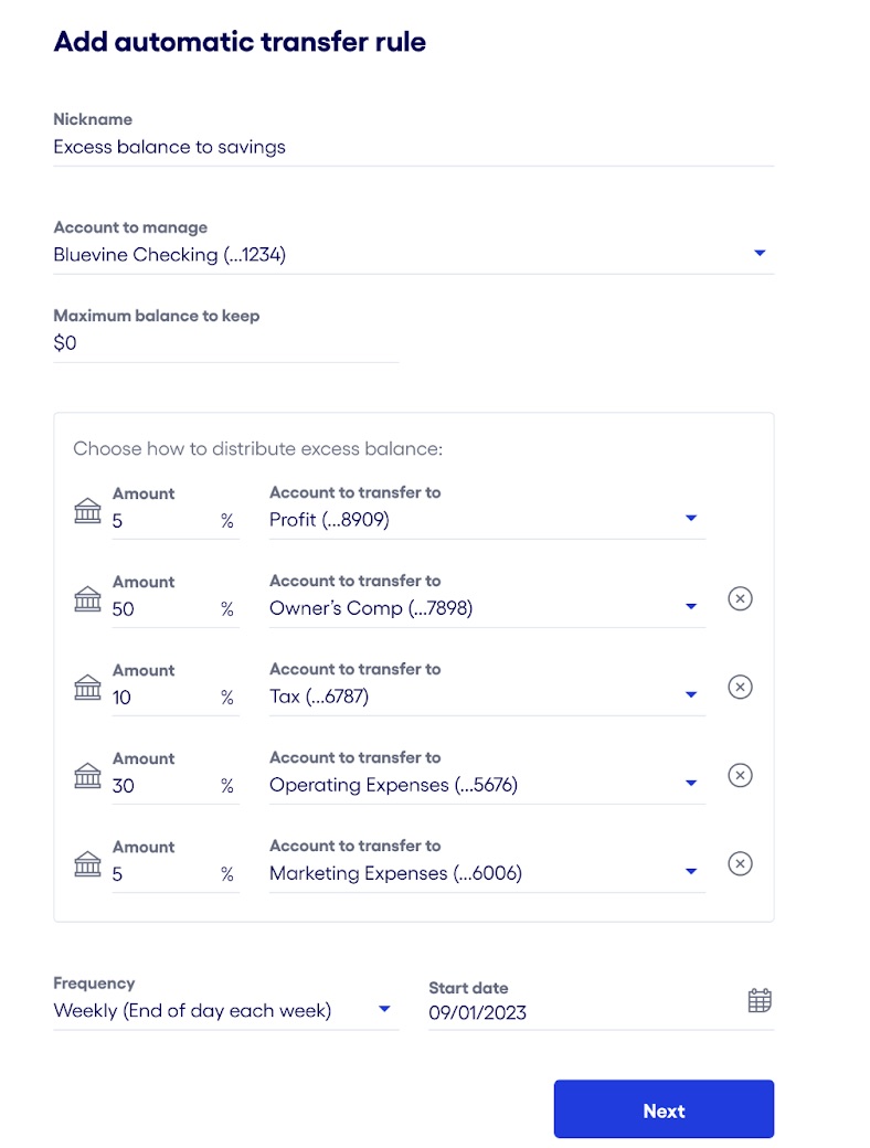 Bluevine dashboard maximum balance automatic transfer rule set up