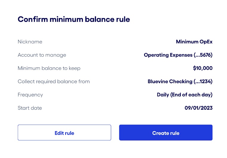Bluevine dashboard confirm minimum balance rule