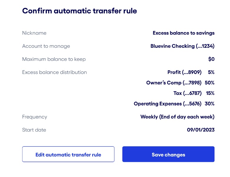 Bluevine dashboard confirm automatic transfer rule edits